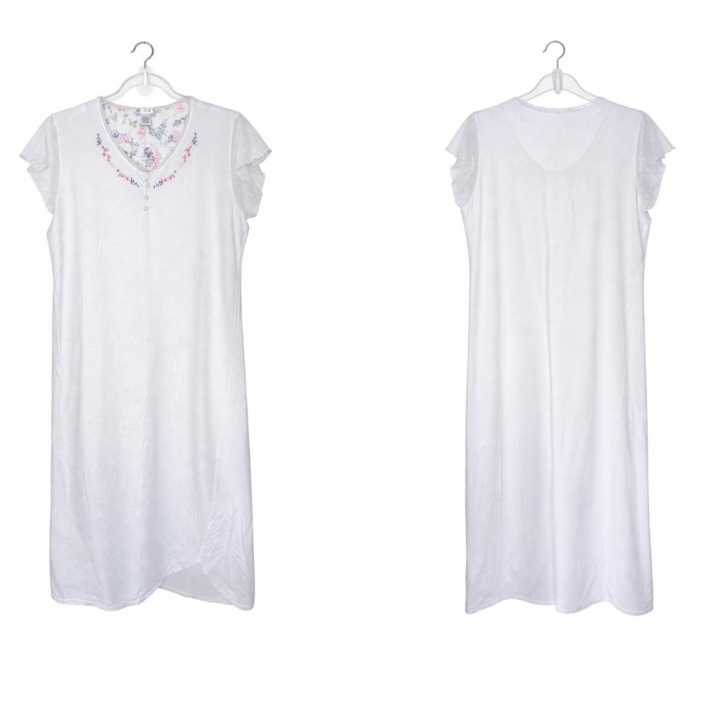 Bali Studio White Cotton Nightgown Floral Trim Siss Dot Lace Sleeve Size L